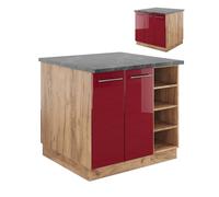 Îlot de cuisine Fame-Line, 90cm sans PT, Rouge bordeaux Haute brillance/Chêne de force doré, Vicco 38737
