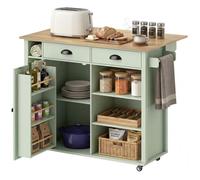 HOMCOM Îlot Central Cuisine avec Plateau Pliant, Desserte de Cuisine sur roulettes avec Placard, 2 Tiroirs, Porte-Serviettes, Étagère Réglable, Compartimentss Ouverts, 117,5 x 70 x 91 cm, Vert Clair