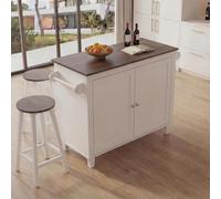 Mendler Îlot de Cuisine HWC-P61 avec 2 tabourets 90x120x45cm Blanc, Bois foncé