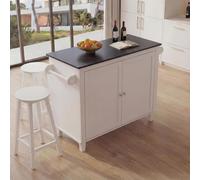 Îlot de cuisine HWC-P61 avec 2 tabourets, armoire de cuisine, tiroir, compartiments de rangement, MDF 90 x 120 x 45 cm blanc, aspect marbre noir