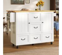 Îlot De Cuisine, Meuble, Buffet, 120 X 73 (45) X 93 cm, Desserte De Cuisine Extensible Sur Roulettes Avec Porte-serviettes Et Porte-épices, Étagères Réglables, Deux Portes, Cinq Tiroirs, Blanc