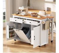 Îlot de cuisine mobile avec coin repas escamotable, équipé de prises électriques et d'un compartiment poubelle, Meubles de cuisine