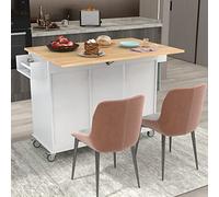 Îlot de cuisine mobile avec comptoir en bois à feuilles tombantes, table roulante avec 3 tiroirs, bar à petit-déjeuner et étagère à épices, porte-serviettes pour salle à manger, finition blanche