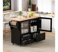 Ilot de Cuisine Mobile avec roulettes et Table à Manger Extensible, Chariot de Cuisine avec Support pour Verre à vin et Espace de Rangement, idéal pour la Cuisine et la Salle à Manger (Black+Natural)