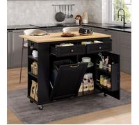 îlot de cuisine mobile avec table extensible, Îlots de rangement avec multiprises, compartiment poubelle, 120x40-70cm, noir