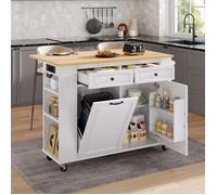 îlot de cuisine mobile avec table extensible, Îlots de rangement avec multiprises, compartiment poubelle, 120x40-70cm, Blanc