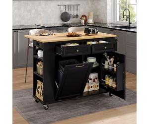 îlot de cuisine mobile avec table extensible, Îlots de rangement avec multiprises, compartiment poubelle, 120x40-70cm, noir