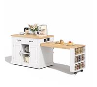 Îlot de cuisine mobile avec table latérale extensible, station d’alimentation 2 prises + 2 USB, 7 roulettes, 2 tiroirs, 2 portes, étagères réglables, chariot de rangement polyvalent (Blanc)