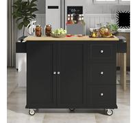 Îlot de cuisine mobile moderne à roulettes avec dessus en bois massif, 133,9 cm de large, roues verrouillables, armoire de rangement, bar à petit-déjeuner, étagère à épices, finition noire