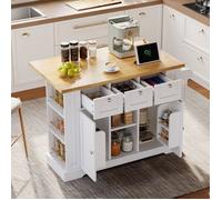 Îlot de cuisine mobile multifonction 132 cm - Style campagne, plateau rabattable, rangement organisé et prise intégrée