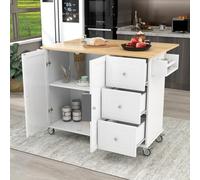 Îlot de cuisine mobile roulant avec dessus en bois massif, 133,9 cm de large, roues verrouillables, armoire de rangement, barre de petit-déjeuner, étagère à épices et étagères pour espace de cuisson