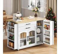 Îlot de cuisine mobile sur roulettes avec plan de travail pliable, chariot de cuisine mobile comme chariot de service, 2 tiroirs et étagère à épices, autoportant, MDF blanc, 120 x 45 (70) x 90 cm