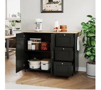 Îlot de cuisine - Modèle 135x44(70)x90 cm - Plateau chêne pliable - 3 tiroirs - 5 roulettes (2 freins)