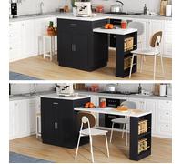 Îlot de cuisine moderne,avec table à manger extensible, 2 tiroirs, 2 étagères latérales ouvertes-211x 55 x 89.5cm