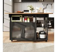 Îlot de cuisine moderne, chariot de service multifonctionnel avec espace de rangement et armoires à porte vitrée, 120×30×79,5 cm, Noir＋Couleur naturelle