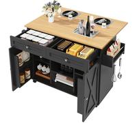 Îlot De Cuisine Moderne Grain De Bois, Meuble De Cuisine, Buffet, Table À Manger Multifonctionnelle avec Espace De Rangement, Voiture-Restaurant avec Étagères À Collation, Noir