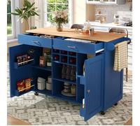 Îlot de cuisine multifonction 102 cm bleu - Style bois, avec rangement et plateau - Utilisation buffet et chariot de service