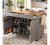 Îlot de cuisine multifonction 102 cm gris - Style bois, avec rangement intégré - Utilisation buffet, table et chariot de service