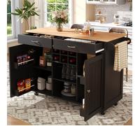 Îlot de cuisine multifonction 102 cm noir - Style bois, rangement intégré, fonction table et buffet - Design moderne