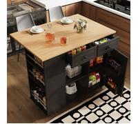 Îlot de cuisine multifonction noir - Plan de travail, cloisons amovibles, rangement, finition bois - Buffet et chariot