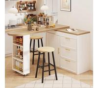 îlot de cuisine multifonctionnel 128-203×39×90cm,Table de bar rotative 360°,Table de bar mobile avec 3 tiroirs et étagères latérales,avec tablettes réglables et dispositif anti-basculement,Blanc