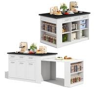 Îlot de Cuisine Multifonctionnel avec Table Extensible Blanche (150 à 246 cm), Plan de Travail en Bois Style Marbré Noir/Blanc, Armoires Intégrées, Design Moderne