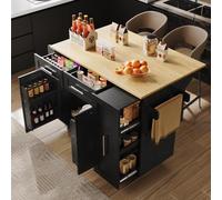 Îlot de cuisine noir avec armoires à marches extensibles - Chariot de salle à manger multifonction de 110 cm, plateau pliable comme table à manger (74 cm), étagères à collations et roulettes de