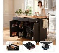 Îlot de Cuisine - OEM - Buffet Rangement 102x45x92 cm - Roues 360° - Étagères Réglables - Casier à Vin