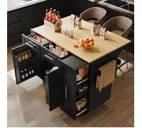 Îlot de Cuisine Pivotant 360° avec LED et Rangement, Meuble Bar en Bois MDF avec Vitrine en Verre Cannelé - Noir, 108x39,6x97 cm