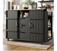 Îlot de cuisine sur roues, meuble de rangement noir avec étagères, chariot de service à plateau bois, buffet à glissière