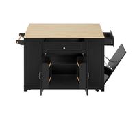 Îlot de cuisine sur roulettes coin repas extensible tiroirs multifonctionnels et compartiment poubelle noir.