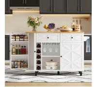 Îlot de cuisine,table à mange roulettes,bureau pliable，cadre de porte, casier à vin et porte-verres, blanc,120x45(70)x89cm,MDF