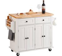 VEVOR Îlot Central 90x45 cm Desserte de Cuisine à Roulettes 2 Armoires 2 Tiroirs Meuble de Cuisine avec Plan de Travail en Bois Massif Porte-Épices Porte-Serviettes Buffet de Rangement Bar Cuisine