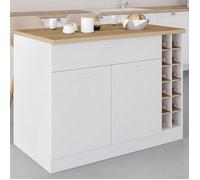 IDMarket - Ilot Central George 120 cm | Avec range-bouteilles placard et tiroir coloris bois blanc avec plan de travail façon hêtre