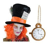 Ilovefancydress Chapeau haut de gamme Chapelier fou avec perruque orange attachée, détails sur cartes, plumes de paon et ruban épais (chapeau supérieur avec horloge)