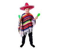 Ilovefancydress Déguisement mexicain pour garçon Poncho + Sombrero rouge uni avec pompons blancs pour enfant