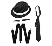 ILOVEFANCYDRESS - Ensemble de 4 costumes de gangster avec chapeau trilby à rayures fines et bretelles noires, cravate et 3 pièces Spiv Tash