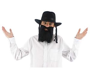 ILOVEFANCYDRESS Jeu d'accessoires de Juif orthodoxe pour Adulte avec Un Chapeau Noir avec Les papillotes attachées + Une Fausse Barbe & Moustache + Une Paire de Lunettes Rondes.