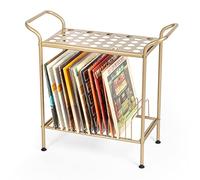 Ilyapa Support de tourne-disque avec rangement de disques vinyles, table en métal doré avec étagères pour disques, rangement de disques à 2 niveaux, support de disque vinyle, table de tourne-disque