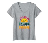 I'm A Ray of Freaking Sunshine - Citation Estivale Joyeuse T-Shirt avec Col en V, Femme, Gris Chiné, S