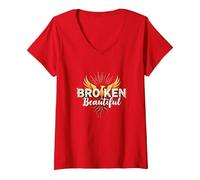 Im Broken : De Broken à Beautiful Phoenix Rising Art T-Shirt avec Col en V, Femme, Rouge, S