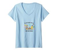 I'm Just Here for The Food and Drinks Funny Party T-Shirt avec Col en V, Femme, Bleu Céleste, S