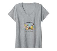 I'm Just Here for The Food and Drinks Funny Party T-Shirt avec Col en V, Femme, Gris Chiné, S