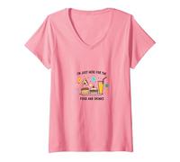 I'm Just Here for The Food and Drinks Funny Party T-Shirt avec Col en V, Femme, Rose, S