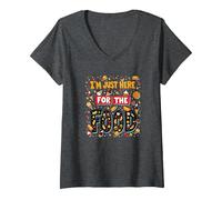 Im Just Here for The Food Foodie Fun Citation T-Shirt avec Col en V, Femme, Chiné Foncé, S