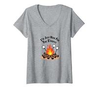 I'm Just Here for The S'mores Campfire Humour T-Shirt avec Col en V, Femme, Gris Chiné, XL