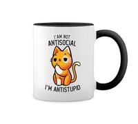 I'm Not Antisocial I'm Anti Stupid Funny Cat Kitten Cute New Trend Fun Lustig Blanc tasse de café avec jante noire et poignée Mug