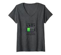 I'm Not Lazy Energy-Saving Mode Funny Battery Citation T-Shirt avec Col en V, Femme, Chiné Foncé, XL
