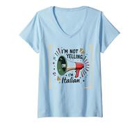 Im Not Yelling Im Italian Funny Pizza Mégaphone T-Shirt avec Col en V, Femme, Bleu Céleste, M