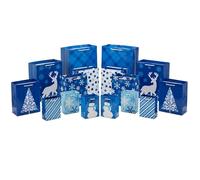 Image Arts Lot de 16 sacs cadeaux assortis pour les fêtes (6 petits de 12,7 cm, 6 sacs moyens de 20,3 cm, 2 grands de 27,9 cm, 2 sacs XL de 35,6 cm), motif écossais bleu hiver, bonhomme de neige, cerf